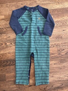 GAP Green Striped Onesie with Navy Raglan Sleeves
